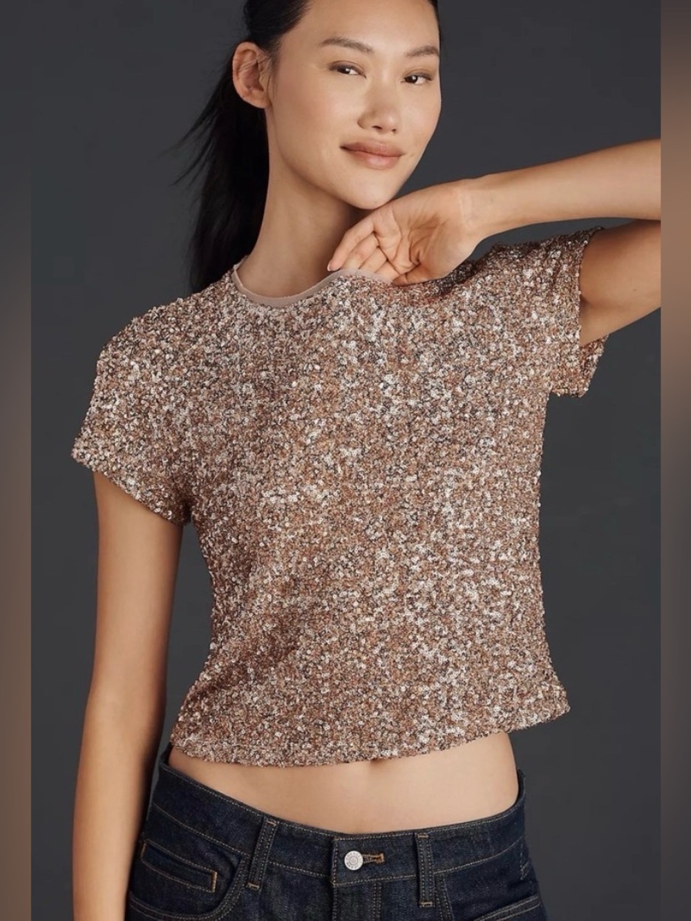 Maeve Rose Gold Sequin Short Sleeve Top